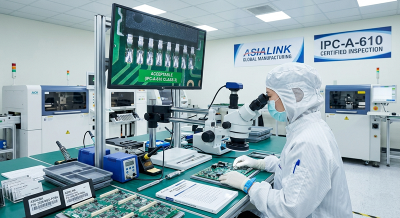 AsiaLink quality control team performing PCBA solder inspection under IPC-A-610 standard